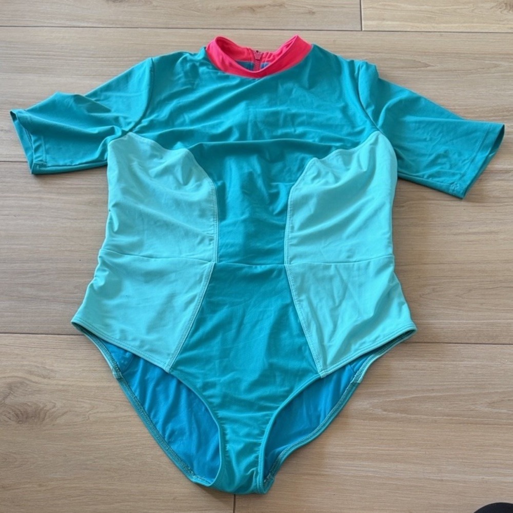 Chromat Womens Colorblock Short Sleeve One Piece Swimsuit Teal Pink 1X